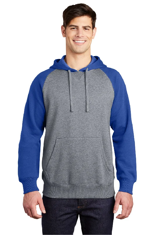 Men's high-stretch casual hoodie-Sport-Tek Mens Shrink Resistant Fleece Hooded Sweatshirt Hoodie w/ Pouch Pocket - Heather Vintage Grey/True Royal Blue