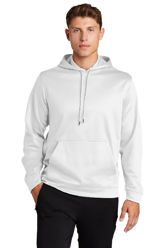 Men's lightweight active hoodie-Sport-Tek Mens Sport-Wick Moisture Wicking Fleece Hooded Sweatshirt Hoodie w/ Pouch Pocket - White