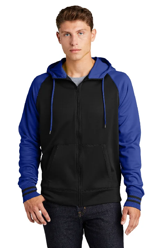 Men's fashionable fleece hoodie-Sport-Tek Mens Sport-Wick Moisture Wicking Fleece Hooded Sweatshirt Hoodie w/ Pouch Pocket - Black/True Royal Blue