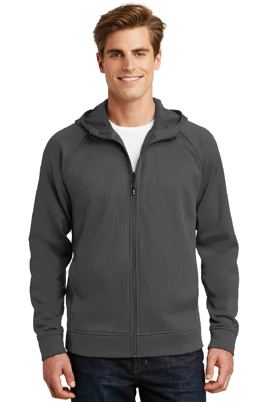 Men's quick-dry training hoodie-Sport-Tek Mens Rival Tech Moisture Wicking Fleece Full Zip Hooded Sweatshirt Hoodie w/ Pockets - Iron Grey - Closeout