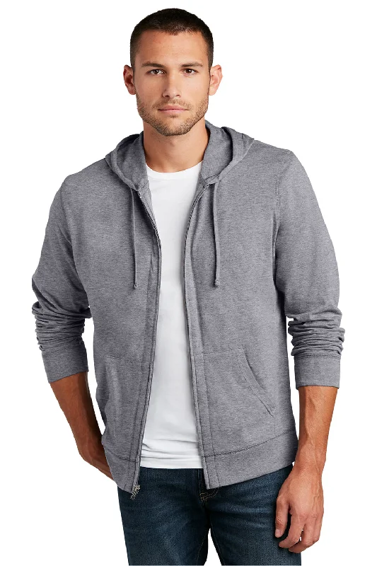 Men's tech-inspired workout hoodie-District Mens Full Zip Hooded Sweatshirt Hoodie w/ Pockets - Heather Dark Grey