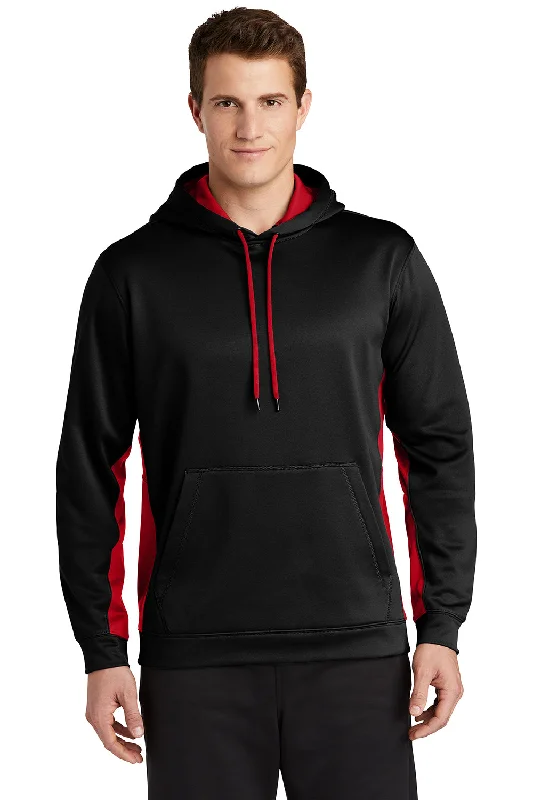 Men's pre-washed athletic hoodie-Sport-Tek Mens Sport-Wick Moisture Wicking Fleece Hooded Sweatshirt Hoodie w/ Pouch Pocket - Black/Deep Red