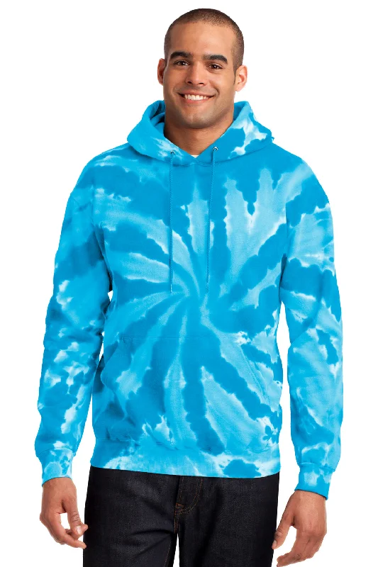 Men's comfortable training hoodie-Port & Company Mens Tie-Dye Fleece Hooded Sweatshirt Hoodie w/ Pouch Pocket - Turquoise Blue