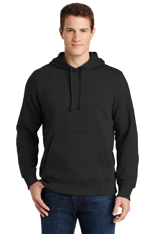 Men's eco-friendly casual hoodie-Sport-Tek Mens Shrink Resistant Fleece Hooded Sweatshirt Hoodie w/ Pouch Pocket - Black