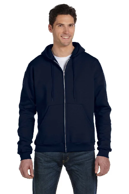 Men's high-stretch workout hoodie-Champion Mens Double Dry Eco Moisture Wicking Fleece Full Zip Hooded Sweatshirt Hoodie w/ Pockets - Navy Blue