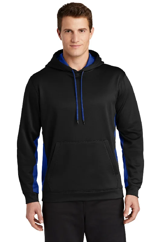 Men's gym-ready pullover hoodie-Sport-Tek Mens Sport-Wick Moisture Wicking Fleece Hooded Sweatshirt Hoodie w/ Pouch Pocket - Black/True Royal Blue