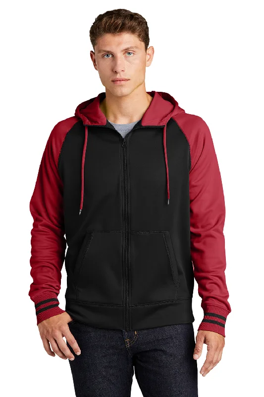 Men's antibacterial training hoodie-Sport-Tek Mens Sport-Wick Moisture Wicking Fleece Hooded Sweatshirt Hoodie w/ Pouch Pocket - Black/Deep Red