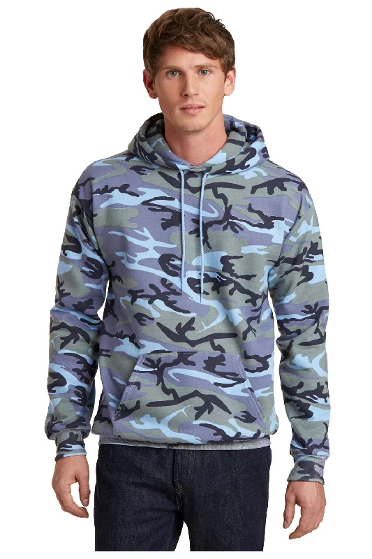 Men's sporty training hoodie-Port & Company Mens Core Pill Resistant Fleece Hooded Sweatshirt Hoodie w/ Pouch Pocket - Woodland Blue Camo