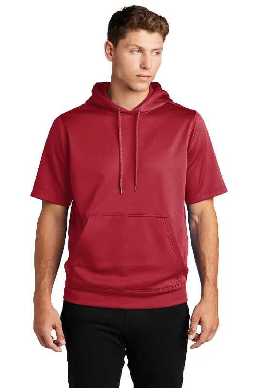 Men's lightweight activewear hoodie-Sport-Tek Mens Moisture Wicking Fleece Short Sleeve Hooded Sweatshirt Hoodie w/ Pouch Pocket - Deep Red