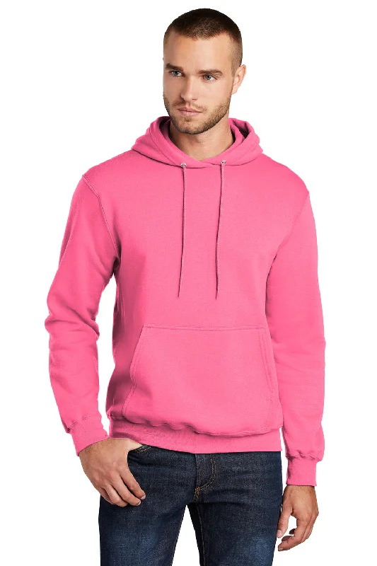 Men's summer casual hoodie-Port & Company Mens Core Pill Resistant Fleece Hooded Sweatshirt Hoodie w/ Pouch Pocket - Neon Pink