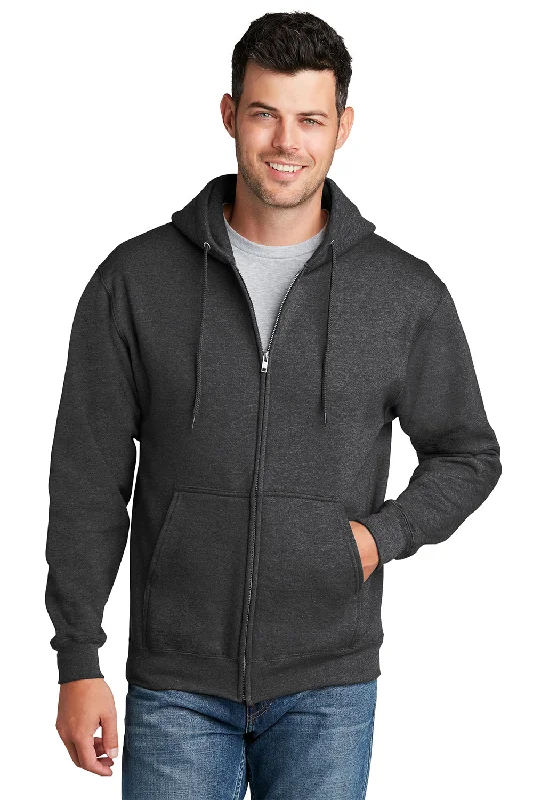 Men's organic running hoodie-Port & Company Mens Core Pill Resistant Fleece Full Zip Hooded Sweatshirt Hoodie w/ Pockets - Heather Dark Grey