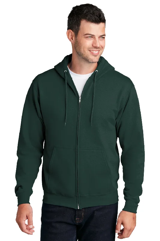 Men's tech-fabric gym hoodie-Port & Company Mens Core Pill Resistant Fleece Full Zip Hooded Sweatshirt Hoodie w/ Pockets - Dark Green