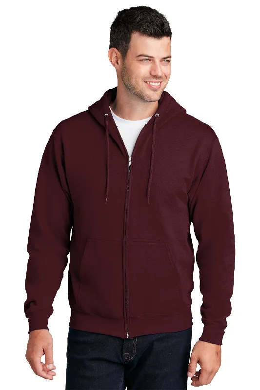 Men's functional zip-up hoodie-Port & Company Mens Core Pill Resistant Fleece Full Zip Hooded Sweatshirt Hoodie w/ Pockets - Maroon