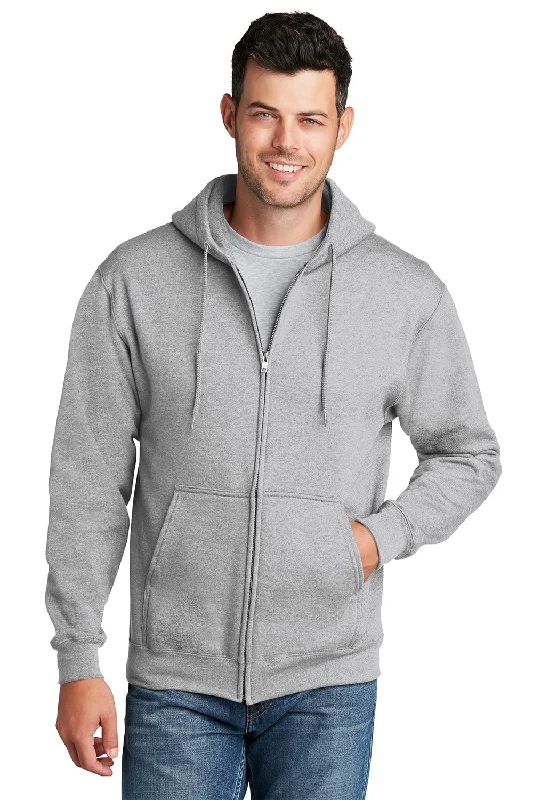 Men's performance travel hoodie-Port & Company Mens Core Pill Resistant Fleece Full Zip Hooded Sweatshirt Hoodie w/ Pockets - Ash Grey