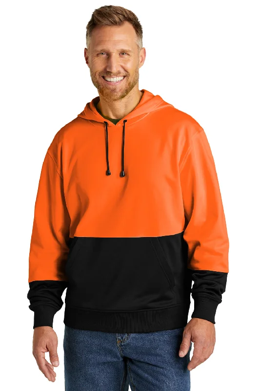 Men's breathable gym hoodie-CornerStone Mens Enhanced Visibility Moisture Wicking Fleece Hooded Sweatshirt Hoodie w/ Pouch Pocket - Safety Orange