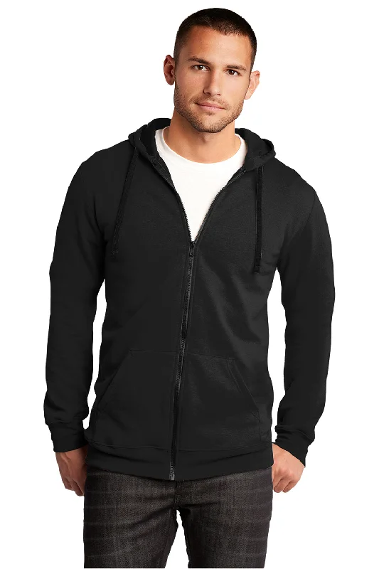 Men's comfortable performance hoodie-District Mens The Concert Fleece Full Zip Hooded Sweatshirt Hoodie w/ Pockets - Black