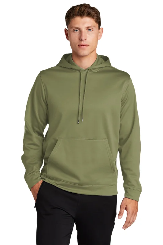 Men's wrinkle-free activewear hoodie-Sport-Tek Mens Sport-Wick Moisture Wicking Fleece Hooded Sweatshirt Hoodie w/ Pouch Pocket - Olive Drab Green