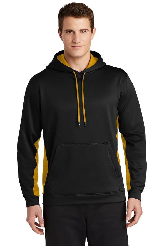 Men's breathable workout hoodie-Sport-Tek Mens Sport-Wick Moisture Wicking Fleece Hooded Sweatshirt Hoodie w/ Pouch Pocket - Black/Gold