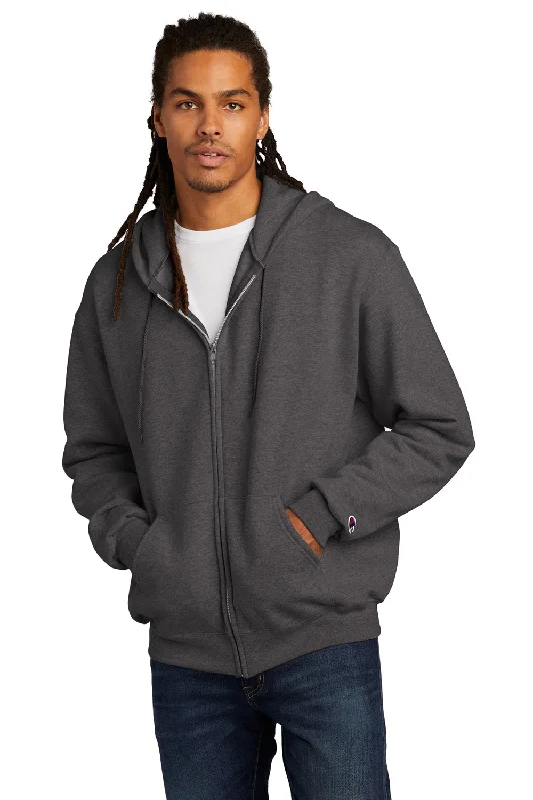 Men's high-performance athletic hoodie-Champion Mens Double Dry Eco Moisture Wicking Fleece Full Zip Hooded Sweatshirt Hoodie w/ Pockets - Heather Charcoal Grey