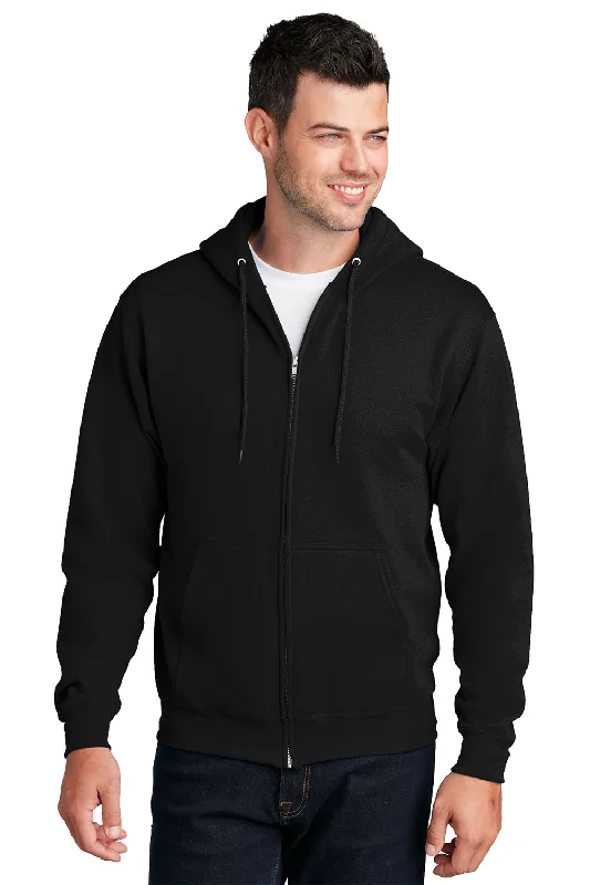 Men's relaxed fit gym hoodie-Port & Company Mens Core Pill Resistant Fleece Full Zip Hooded Sweatshirt Hoodie w/ Pockets - Jet Black