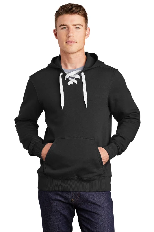 Men's organic performance hoodie-Sport-Tek Mens Lace Up Fleece Hooded Sweatshirt Hoodie w/ Pouch Pocket - Black