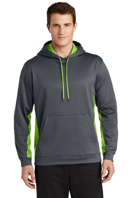 Men's breathable travel hoodie-Sport-Tek Mens Sport-Wick Moisture Wicking Fleece Hooded Sweatshirt Hoodie w/ Pouch Pocket - Dark Smoke Grey/Lime Shock Green