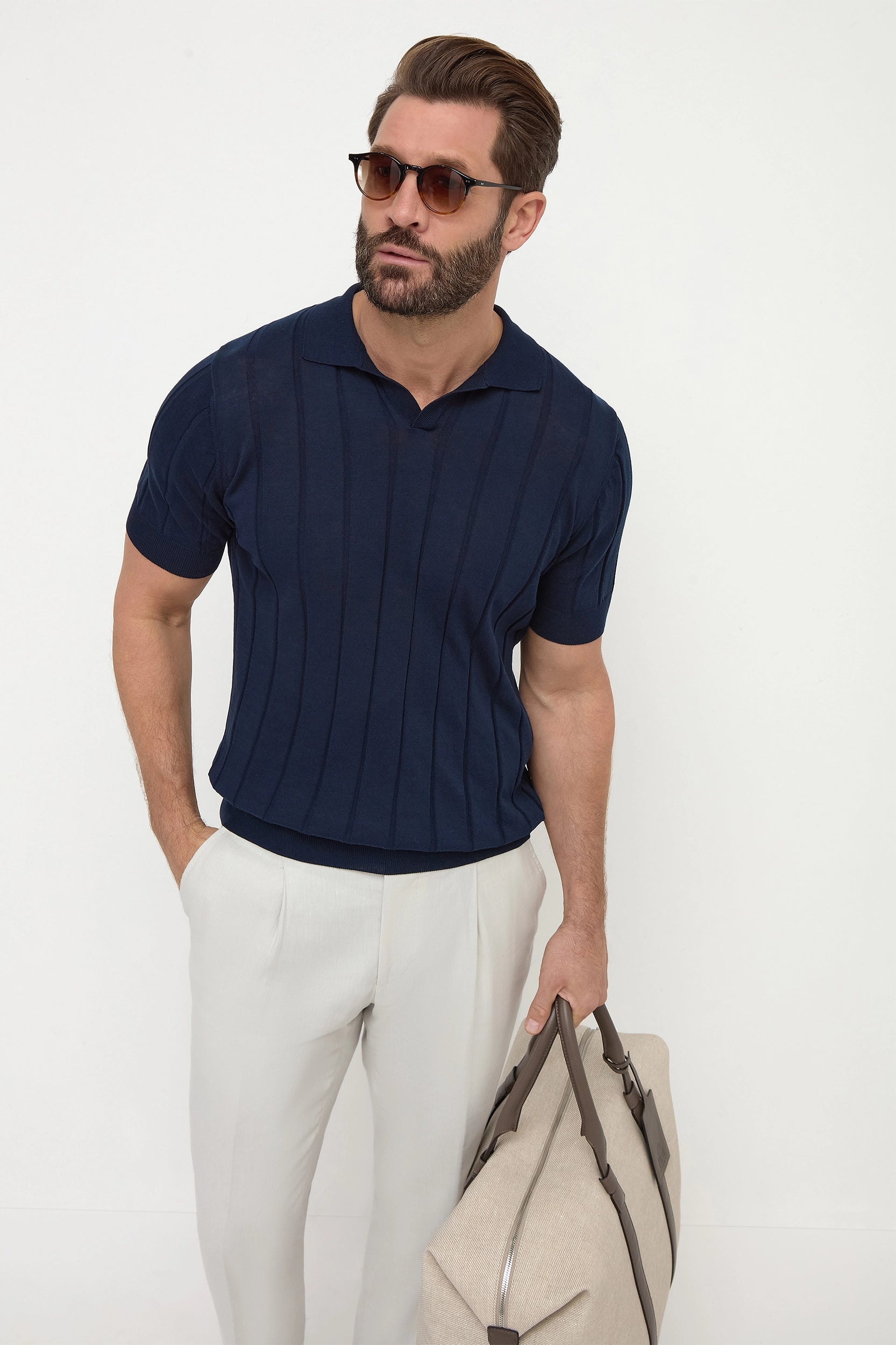 Men's performance gym polo shirt-Blue ribbed polo - Made in Italy