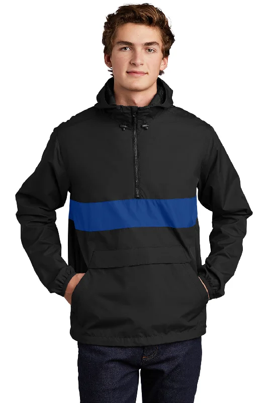 Men's performance jacket-Sport-Tek Mens Hooded 1/4 Zip Jacket - Black/True Royal Blue