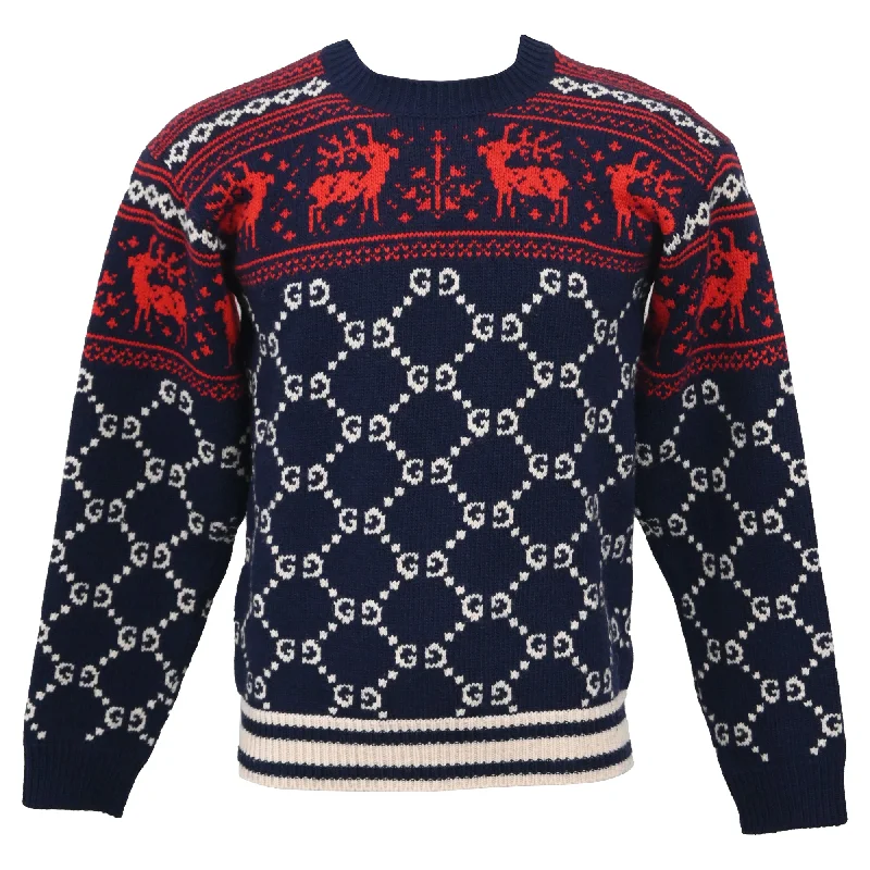 Men's graphic sweater-Gucci GG and Reindeer Print Crewneck Sweater in Multicolor Wool