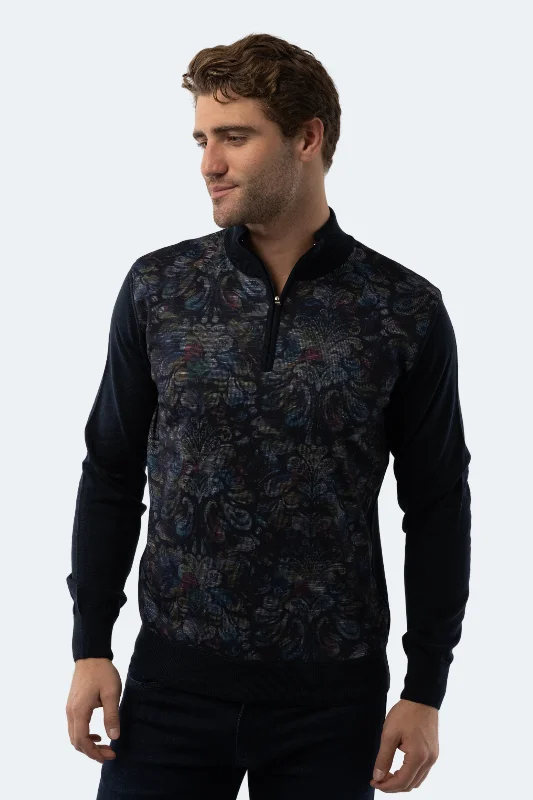 Men's winter sweatshirt-Navy Paisley Quarter Zip