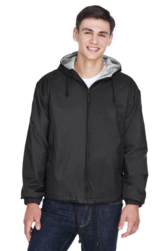 Men's wrinkle-resistant jacket-UltraClub Mens Wind & Water Resistant Full Zip Hooded Jacket - Black - Closeout