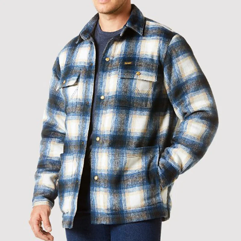 Men's ultra-light jacket-Wrangler Men's Tan & Blue Flannel Shacket