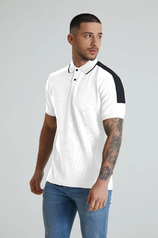 Men's breathable casual wear polo shirt-Robbie honeycomb pique polo in White with Navy contrast