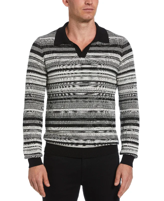 Men's construction knit-Tua X Perry Ellis Collaboration Striped Jacquard Polo Sweater