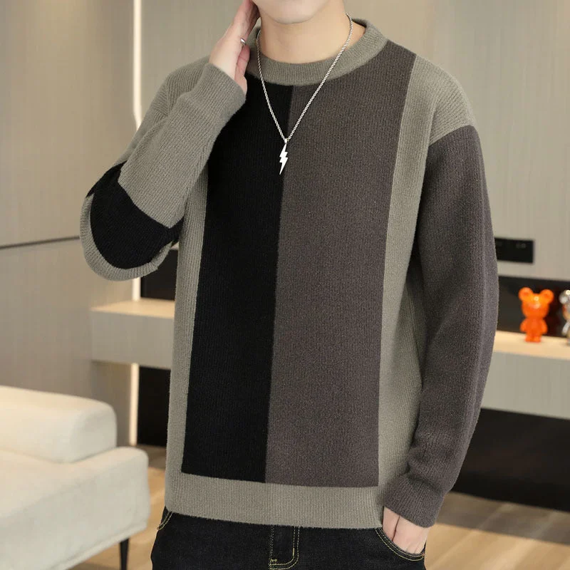 Men's bamboo sweater-Color-block Crew Neck Warm Sweater Men