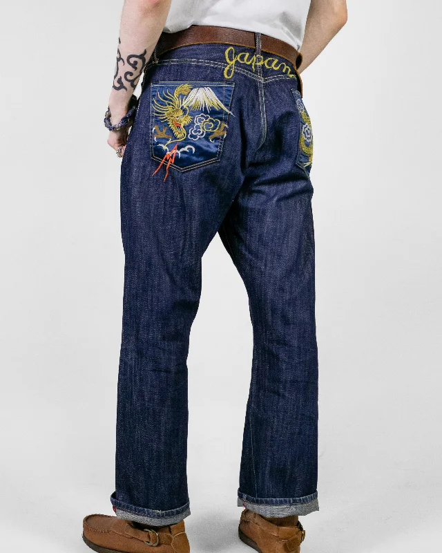 Men's high-stretch casual wear pants-Japanese Repro Denim Jeans, Eternal, Tiger and Dragon Embroidery, Satin Pockets - 36