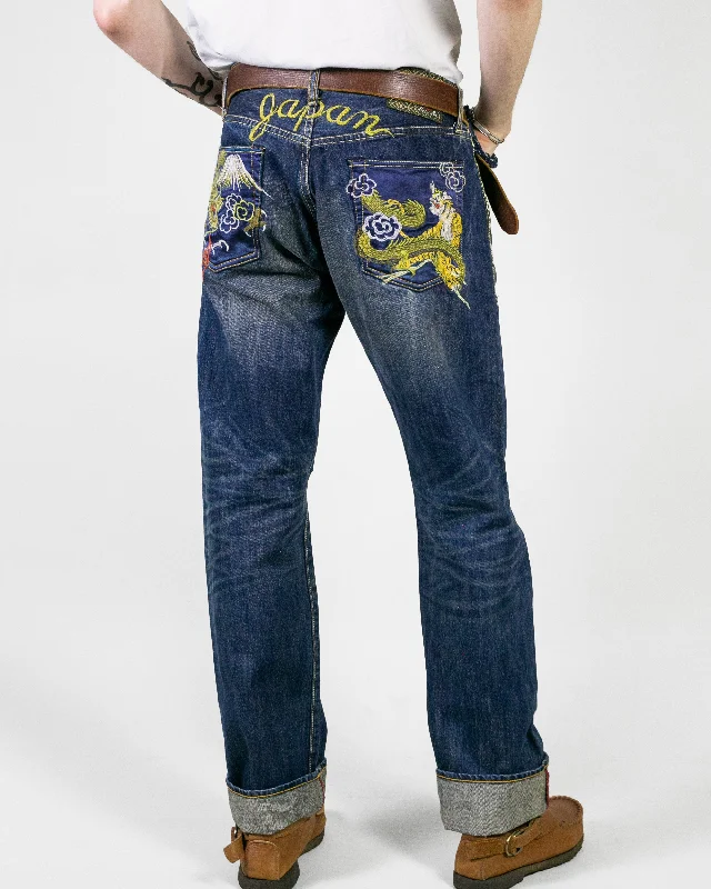 Men's sporty gym pants-Japanese Repro Denim Jeans, Eternal, Tiger and Dragon Embroidery, Satin Pockets - 32