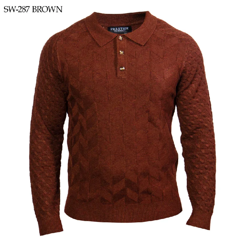 Men's all-season sweater-Prestige SW-287 Long Sleeve Polo Sweater - Brown