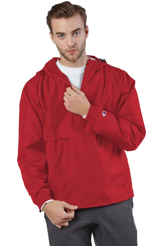 Men's sporty jacket-Champion Mens Packable Wind & Water Resistant Anorak 1/4 Zip Hooded Jacket - Scarlet Red