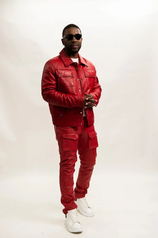 Men's tech-inspired office pants-Men's Jax Jean Jacket & Leather Jean Pants [Red]