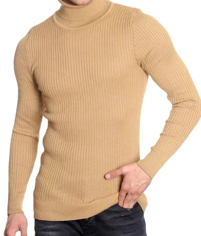 Men's athletic sweater-Men's Turtleneck Sweater In Dark Beige