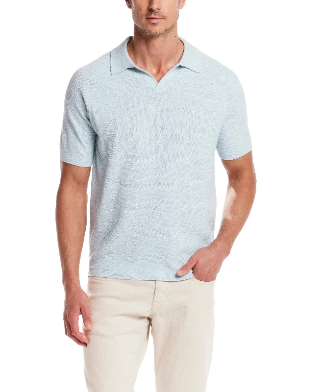 Men's stylish sweater-Open Collar Polo Sweater in Aqua Twist