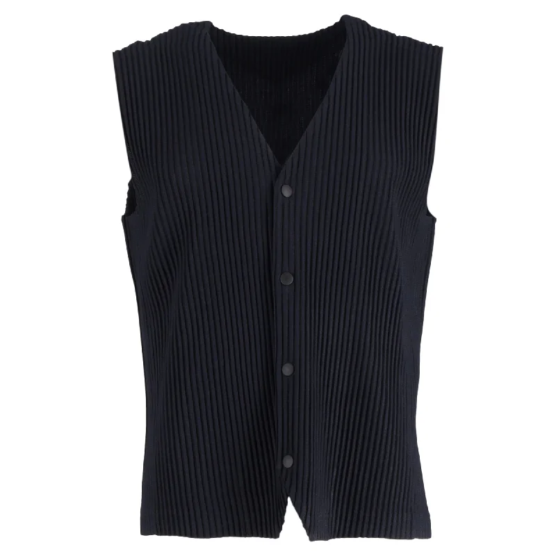 Men's merino wool sweater-Issey Miyake Pleated Single-Breasted Waistcoat in Black Polyester