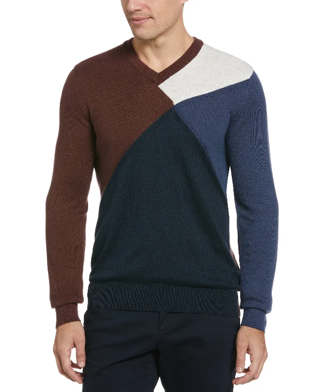 Men's high-performance knitwear-Color Block V-Neck Sweater