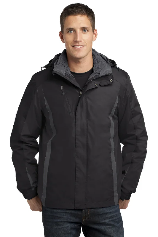 Men's lightweight jacket-Port Authority Mens 3-in-1 Wind & Water Resistant Full Zip Hooded Jacket - Black/Magnet Grey