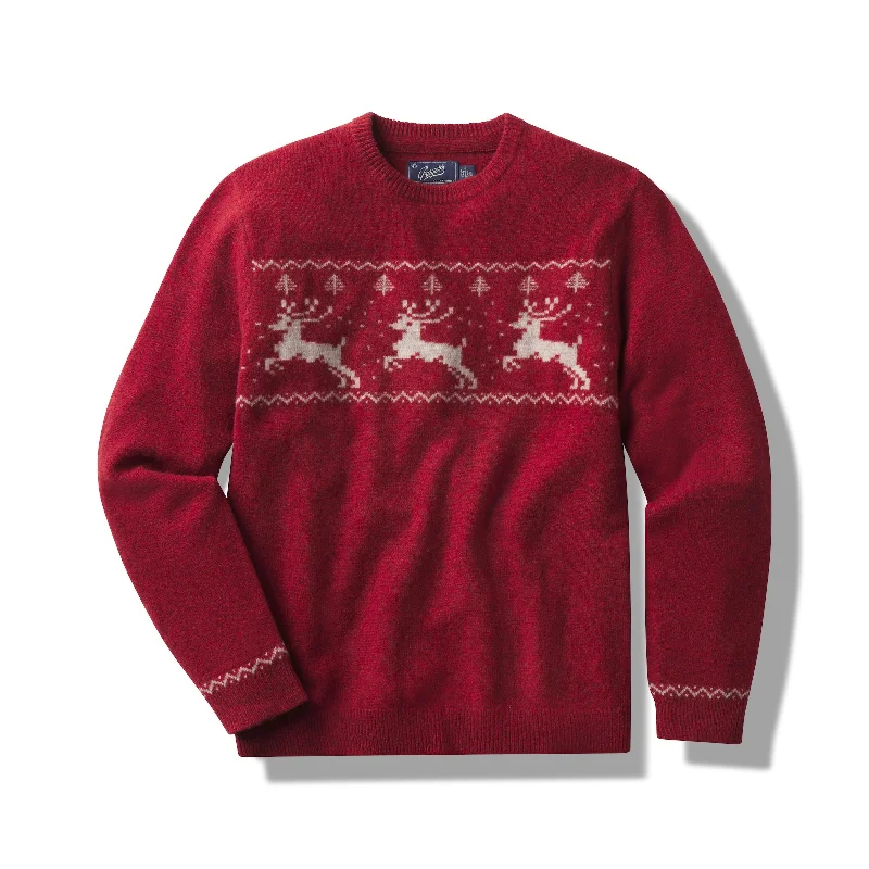 Men's running knit-Reindeer Lambswool Sweater Crew - Holiday Red