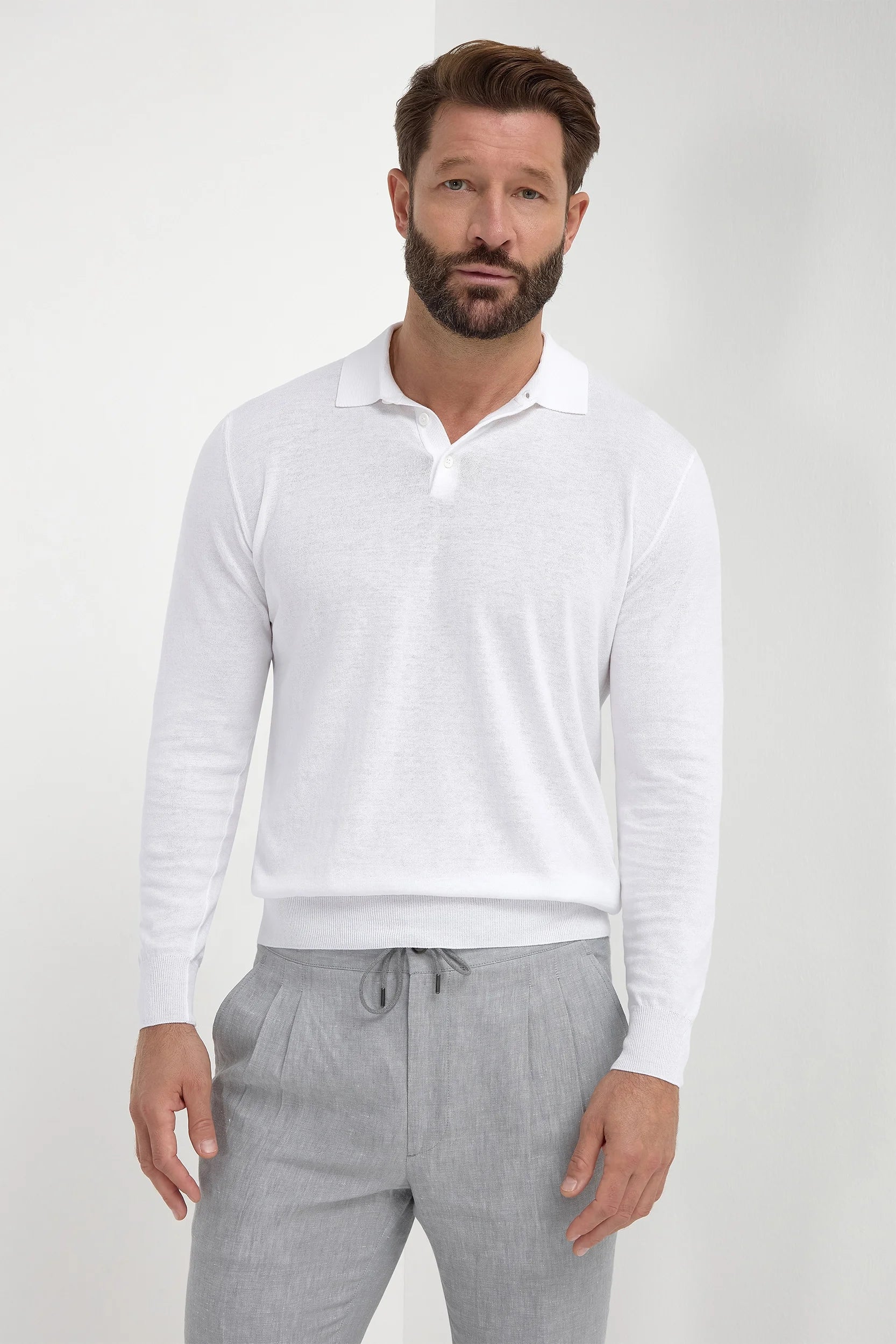 Men's modern casual wear polo shirt-White long sleeve polo - Made in Italy