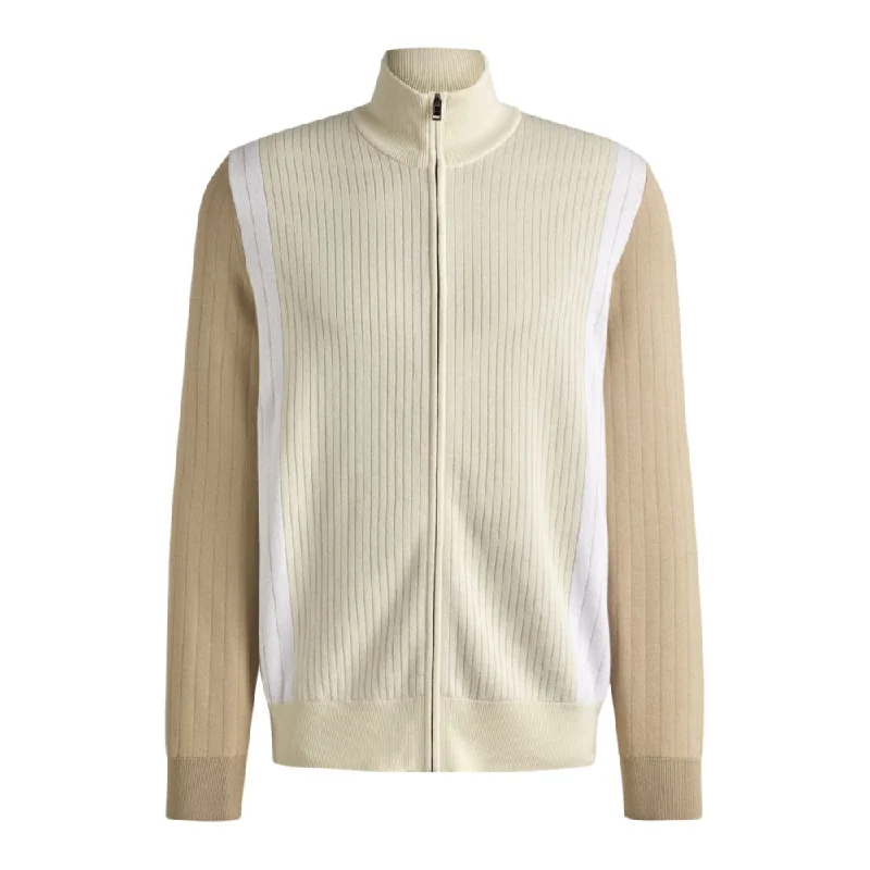 Men's insulated sweater-Zip-up cotton cardigan with knitted pinstripes