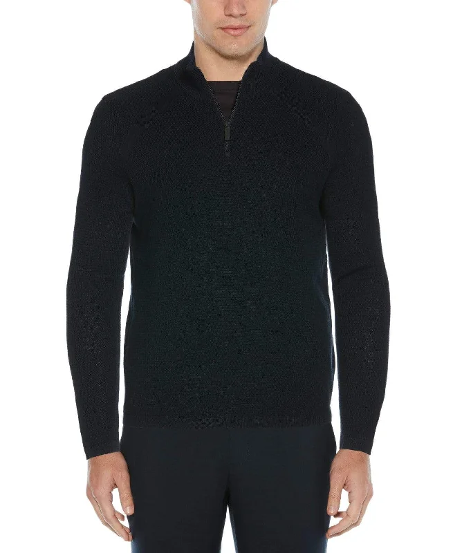 Men's adventure knitwear-Big & Tall Textured Merino Blend Quarter Zip Sweater