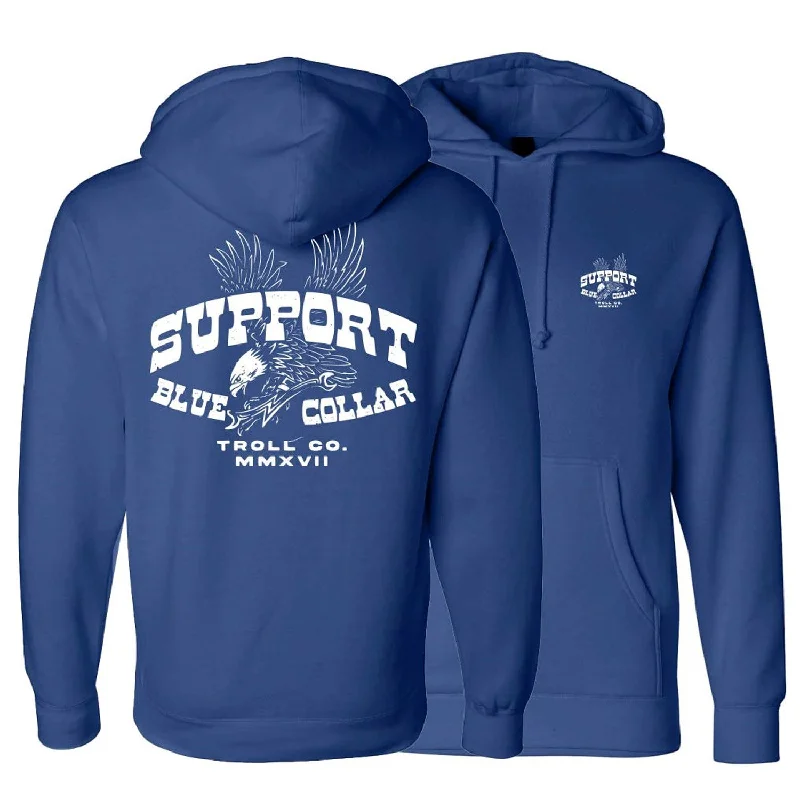 Men's quick-dry running hoodie-Troll Co. Men's Vintage Eagle "Support Blue Collar" Fleece Hoodie